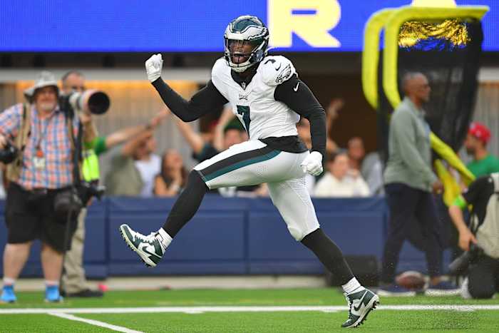 Philadelphia Eagles linebacker Haason Reddick (7) celebrates after sacking Los Angeles Rams quarterback Matthew Stafford (9) during the second half at SoFi Stadium. Mandatory Credit: Gary A. Vasquez-USA TODAY Sports